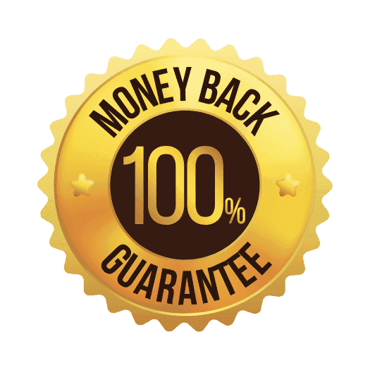 Gold and black "Money Back Guarantee 100%" badge emphasizing customer satisfaction and trust.
