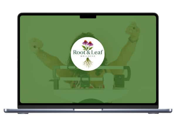Laptop displaying Root & Leaf Wellness logo with a green background, promoting health and wellness programs for a 7-day slim down.